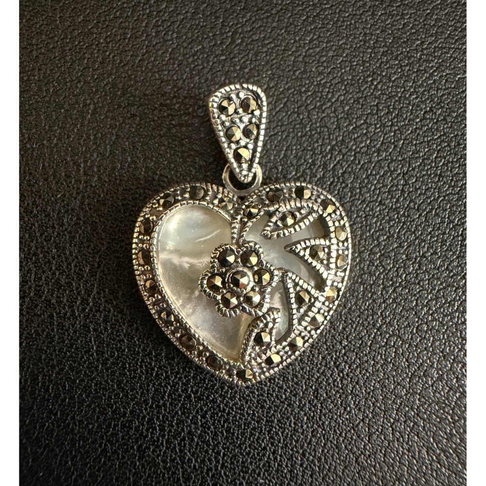 Sterling Silver Heart Pendant Mother of Pearl Marcasite Floral Vintage 925 MOP
